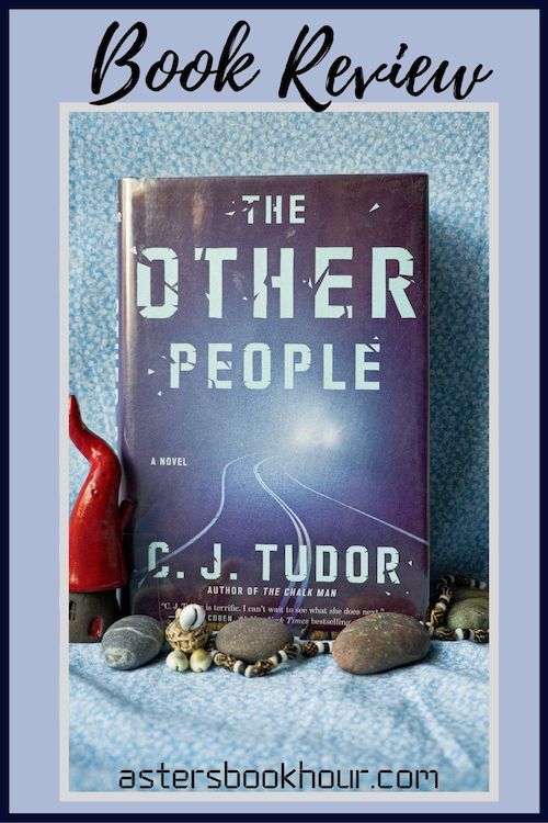 The pinterest image for The Other People by CJ Tudor book review. There is a blue floral print background with the novel centered in the middle and the cover facing the front.