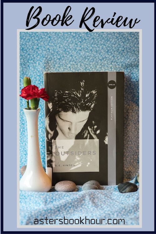 The pinterest image for The Outsiders by SE Hilton book review. There is a blue floral print background with the novel centered in the middle and the cover facing the front.