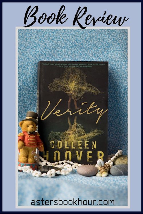 The pinterest image for Verity by Colleen Hoover book review. There is a blue floral print background with the novel centered in the middle and the cover facing the front.