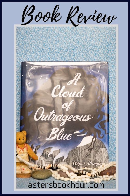 The pinterest image for A Cloud of Outrageous Blue by Vesper Stamper book review. There is a blue floral print background with the novel centered in the middle and the cover facing the front.