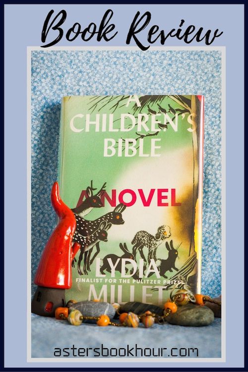 The pinterest image for A Children's Bible by Lydia Millet book review. There is a blue floral print background with the novel centered in the middle and the cover facing the front.