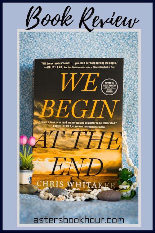 The pinterest image for We Begin at the End by Chris Whitaker book review. There is a blue floral print background with the novel centered in the middle and the cover facing the front.