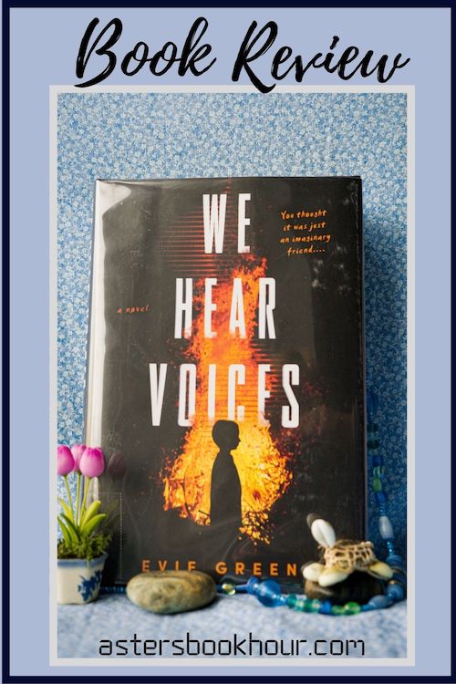 The pinterest image for We Hear Voices by Evie Green book review. There is a blue floral print background with the novel centered in the middle and the cover facing the front.