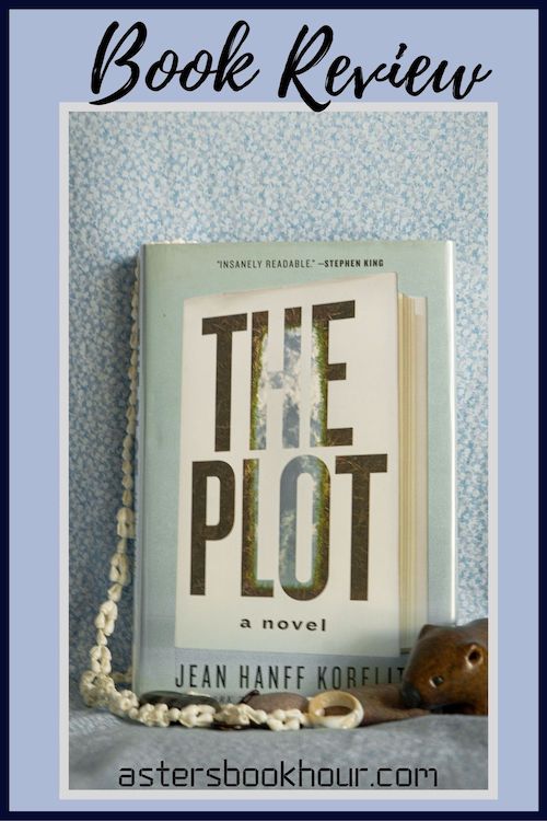The pinterest image for The Plot by Jean Hanff Korelitz book review. There is a blue floral print background with the novel centered in the middle and the cover facing the front.