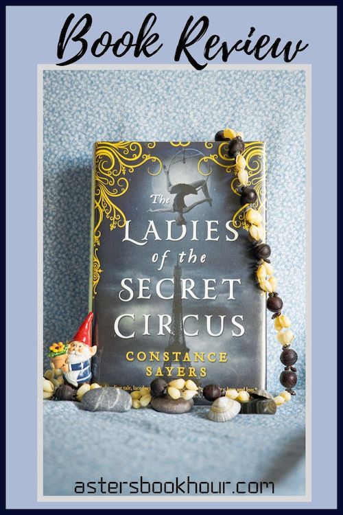 The pinterest image for The Ladies of the Secret Circus by Constance Sayers book review. There is a blue floral print background with the novel centered in the middle and the cover facing the front.