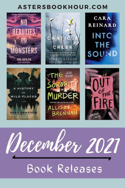 The pinterest image for December 2021 book releases. It is a 500 x 750 image with a blue background and a large purple banner on the bottom. In the banner are the words "December 2021 and Book Releases." Separating the phrase is a black line. Above the banner are six book images separated with three on top and three on the bottom. Above that in capitals is the website title "astersbookhour.com"