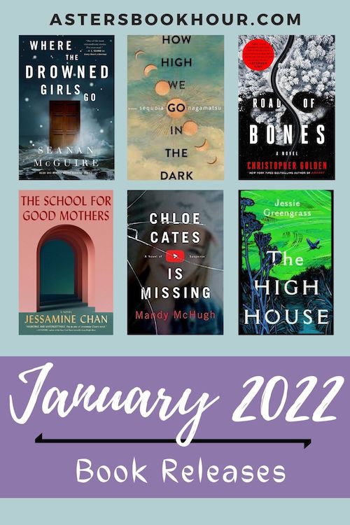 The pinterest image for January 2022 book releases. It is a 500 x 750 image with a blue background and a large purple banner on the bottom. In the banner are the words "January 2022 and Book Releases." Separating the phrase is a black line. Above the banner are six book images separated with three on top and three on the bottom. Above that in capitals is the website title "astersbookhour.com"