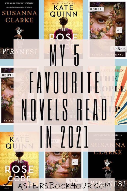 The pinterest image for My Favourite Five Reads of 2021. Image has a light blue background. Image in middle has pale and slightly translucent rectangle with the words "My 5 Favourite Novels Read in 2021." Underneath the pale square box are six book covers, two covers repeating with blue separating each one.