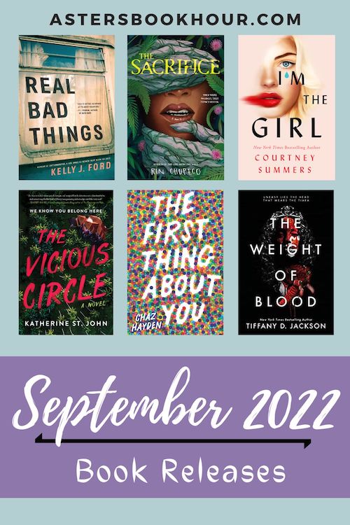 The pinterest image for September 2022 book releases. It is a 500 x 750 image with a blue background and a large purple banner on the bottom. In the banner are the words "September 2022 and Book Releases." Separating the phrase is a black line. Above the banner are six book images separated with three on top and three on the bottom. Above that in capitals is the website title "astersbookhour.com"
