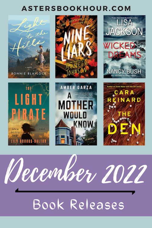 The pinterest image for December 2022 book releases. It is a 500 x 750 image with a blue background and a large purple banner on the bottom. In the banner are the words "December 2022 and Book Releases." Separating the phrase is a black line. Above the banner are six book images separated with three on top and three on the bottom. Above that in capitals is the website title "astersbookhour.com"