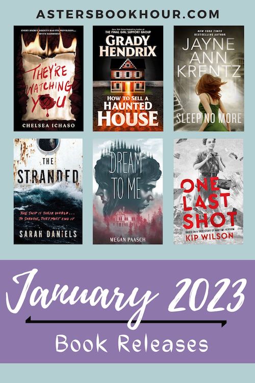 The pinterest image for January 2023 book releases. It is a 500 x 750 image with a blue background and a large purple banner on the bottom. In the banner are the words "January 2023 and Book Releases." Separating the phrase is a black line. Above the banner are six book images separated with three on top and three on the bottom. Above that in capitals is the website title "astersbookhour.com"
